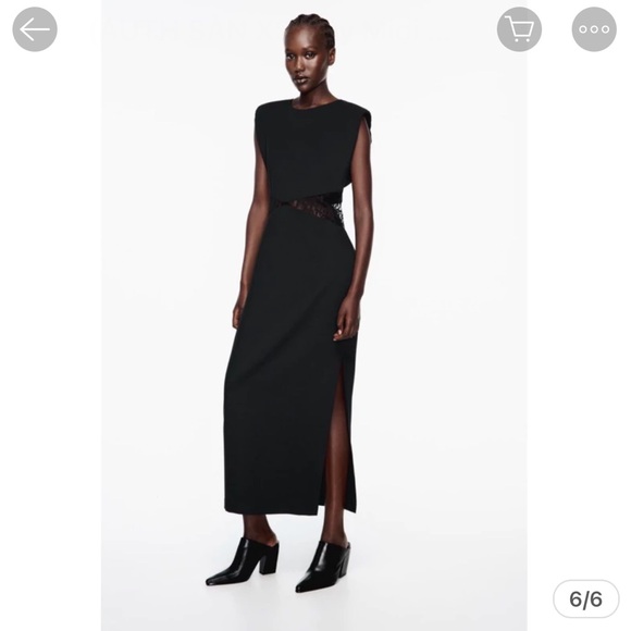 Zara SHOULDER PADS LACE WAIST BLACK MIXED CUT OUT MIDI DRESS - Picture 2 of 6
